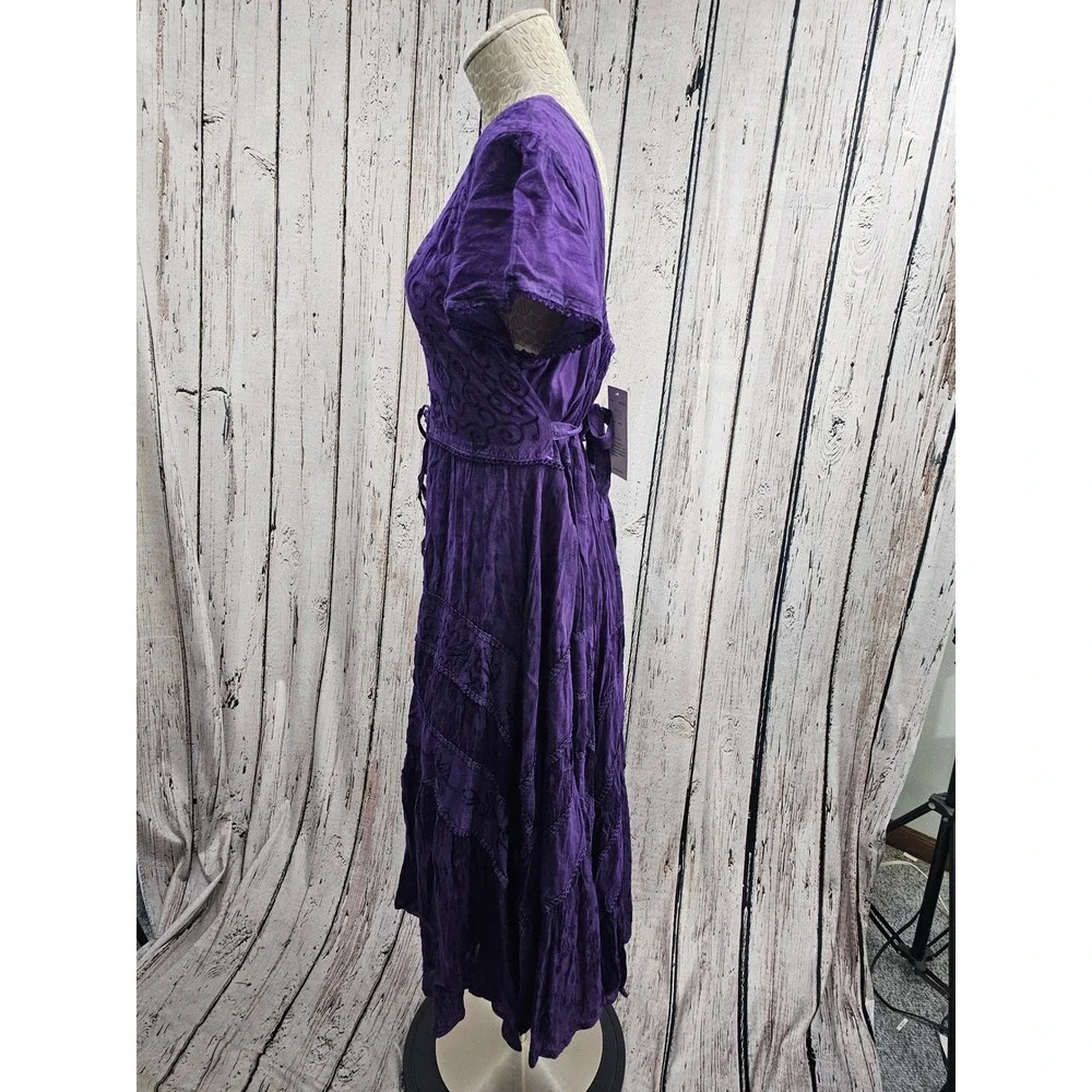 Whimsigoth witch Dress Womens Free Size Purple Embroidered Lace Up Boho Midi new